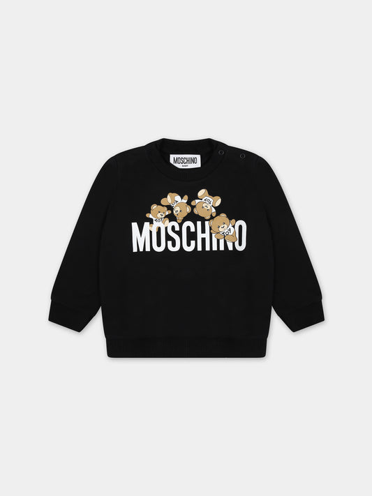 Felpa nera per neonati con Teddy Bears e logo,Moschino Kids,MZF04Q LCA19 60100