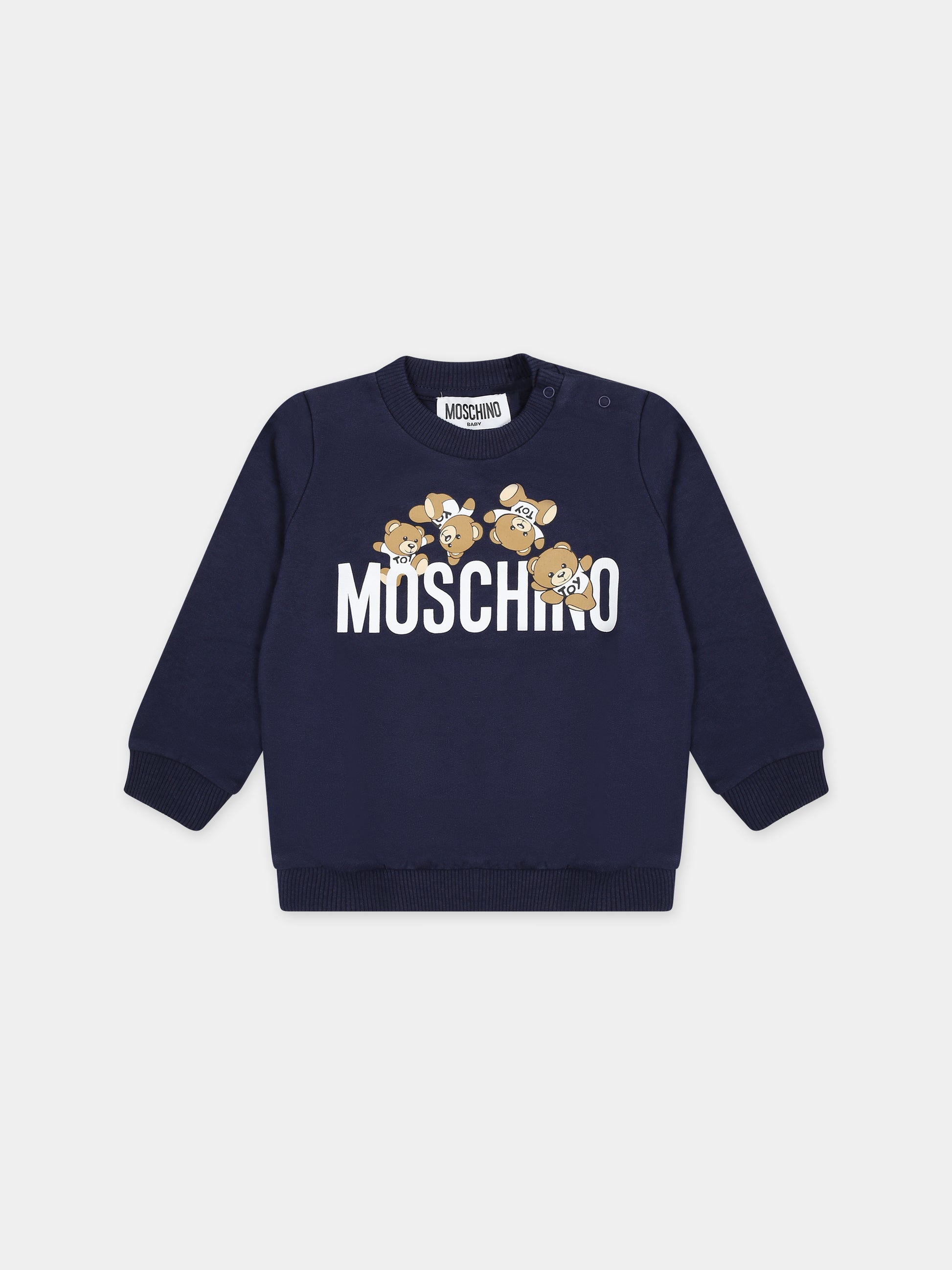 Felpa blu per neonati con Teddy Bears e logo,Moschino Kids,MZF04Q LCA19 40016