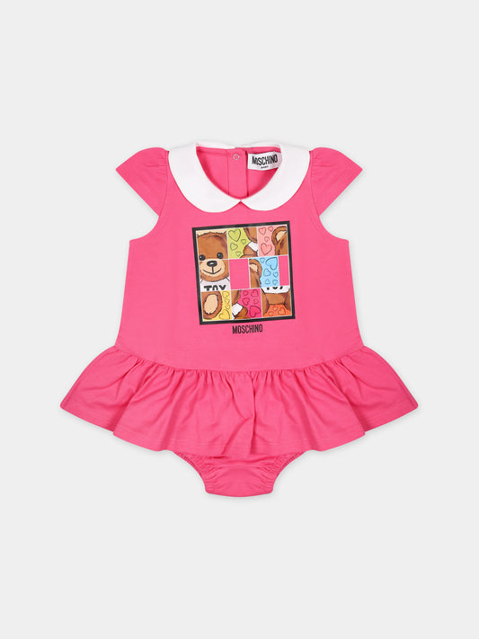 Vestito fucsia per neonata con Teddy Bear multicolor,Moschino Kids,MDV0B2 LFA03 50580