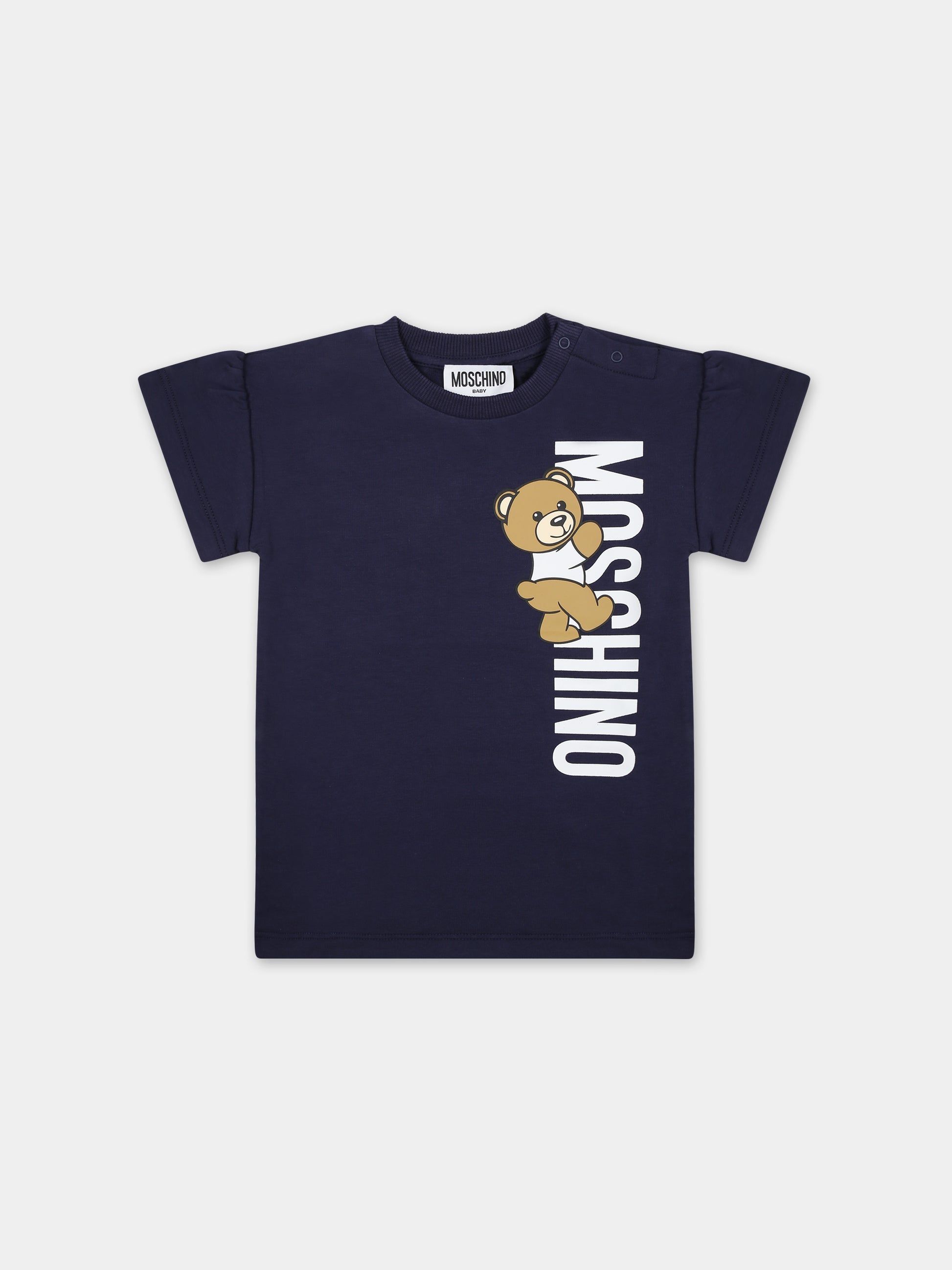 Vestito blu per neonata con Teddy Bear e logo,Moschino Kids,MDV0B6 LDA25 40016