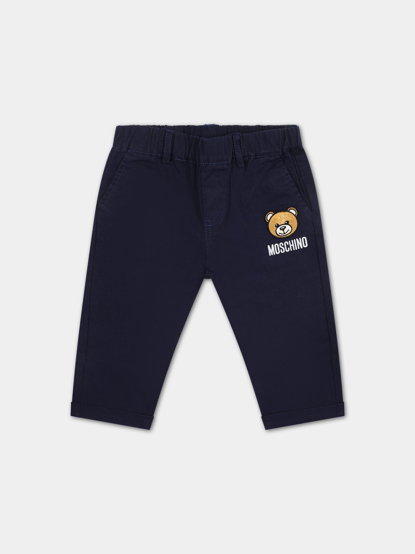 Pantaloni blu per neonato con Teddy Bear e logo,Moschino Kids,MUP04U LUA02 40016