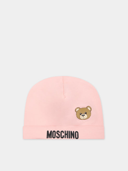 Cappello rosa per neonata con logo e Teddy Bear,Moschino Kids,MYX031 LBA00 50209