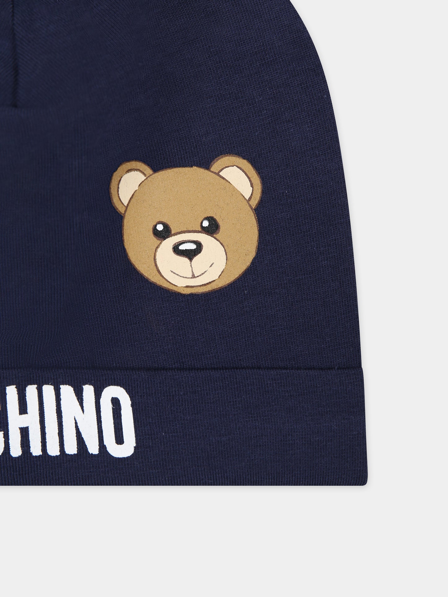 Cappello blu per neonati con logo e Teddy Bear,Moschino Kids,MYX031 LBA00 40016