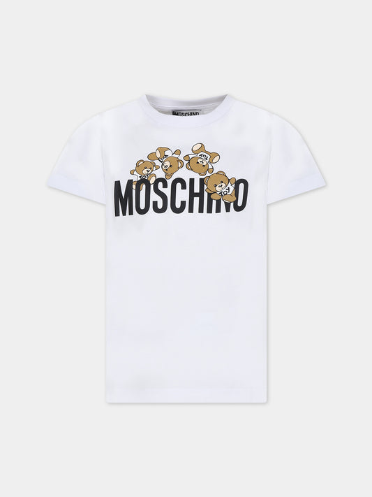 T-shirt bianca per bambini con logo e Teddy Bear,Moschino Kids,HMM04K LAA03 10101