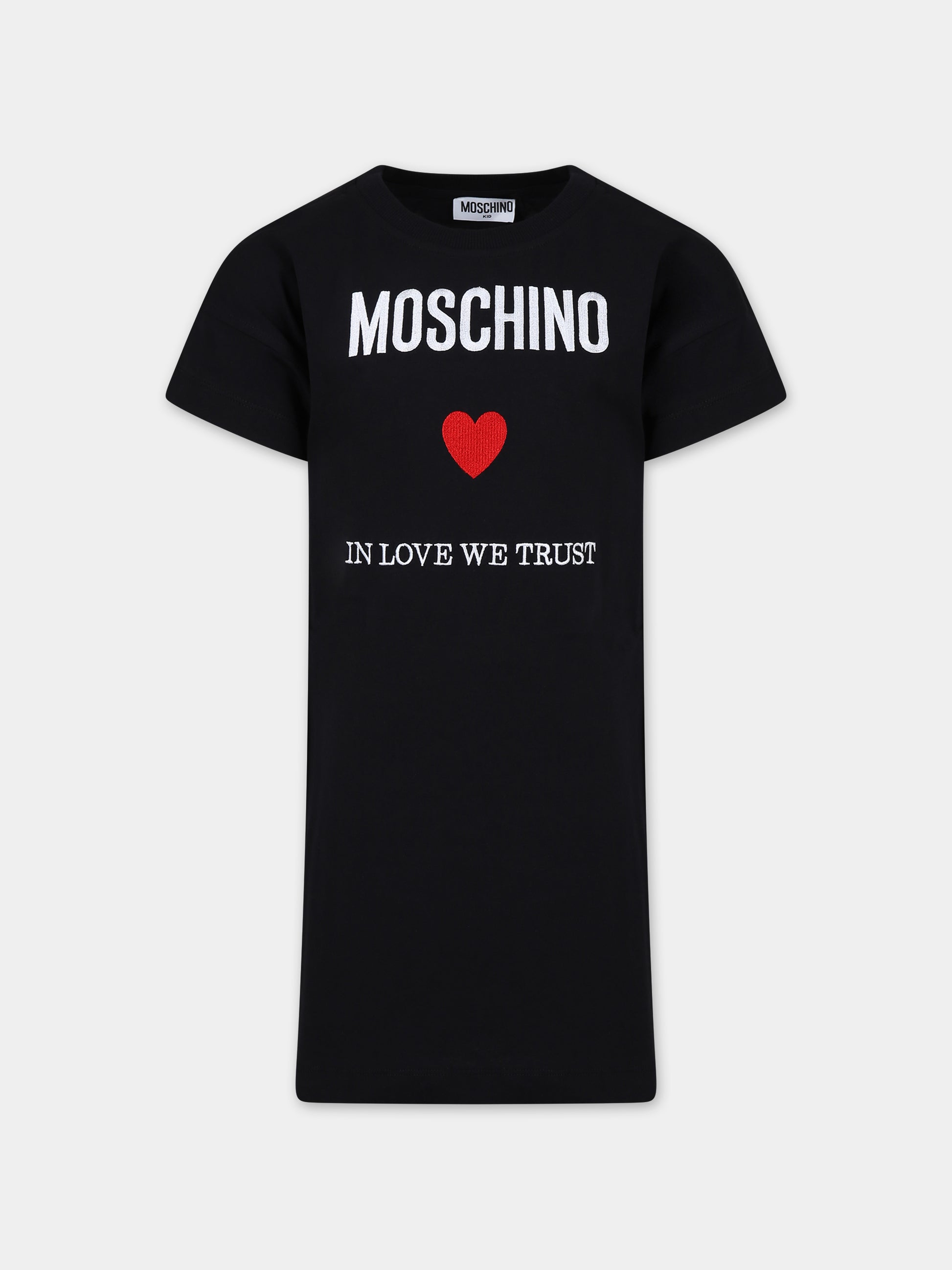 Vestito nero per bambina con logo e cuore,Moschino Kids,HDV0EQ LAA22 60100