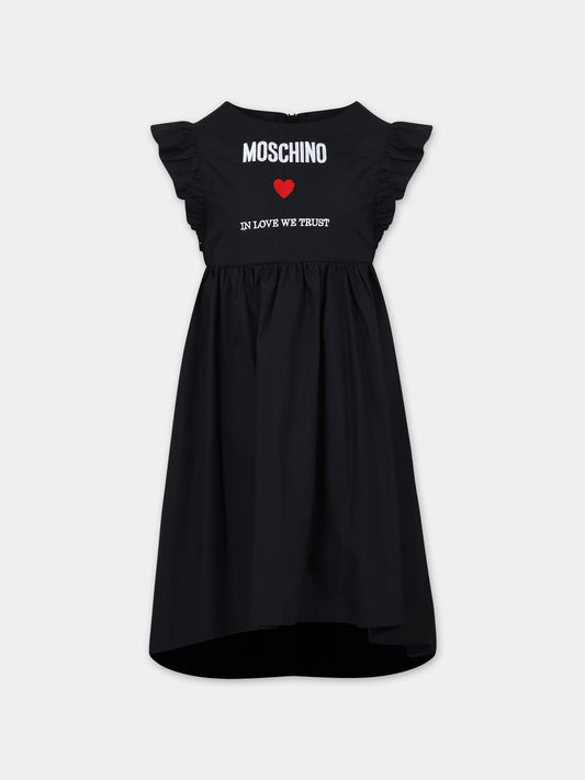 Vestito nero per bambina con logo e cuore,Moschino Kids,HDV0EV LLA10 60100