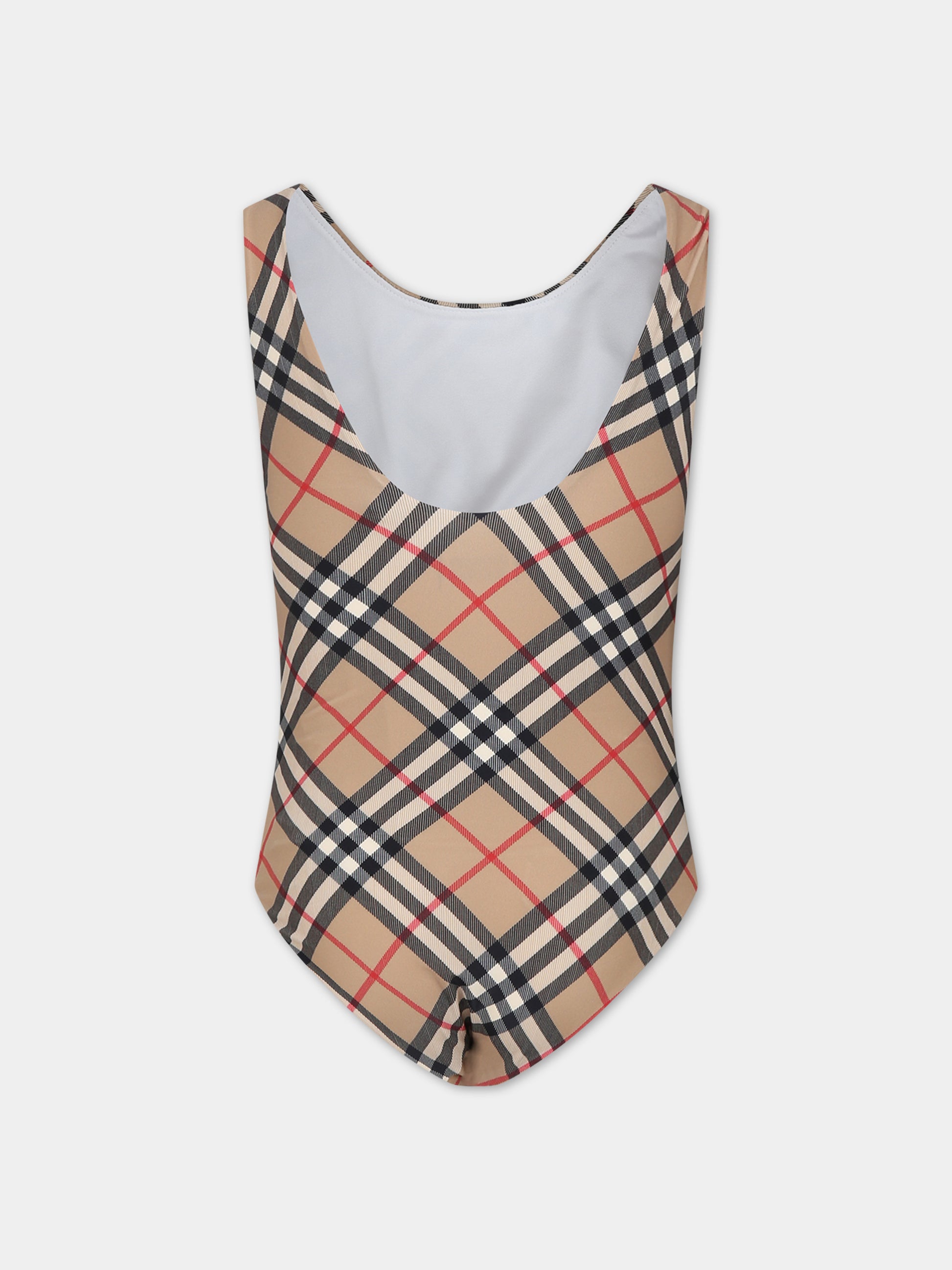 Costume beige per bambina con check vintage,Burberry Kids,8081445 A7028