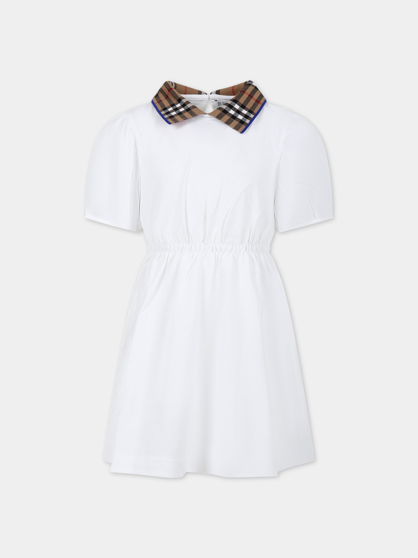 Vestito bianco per bambina con check vintage sul colletto,Burberry Kids,8073165 A1464