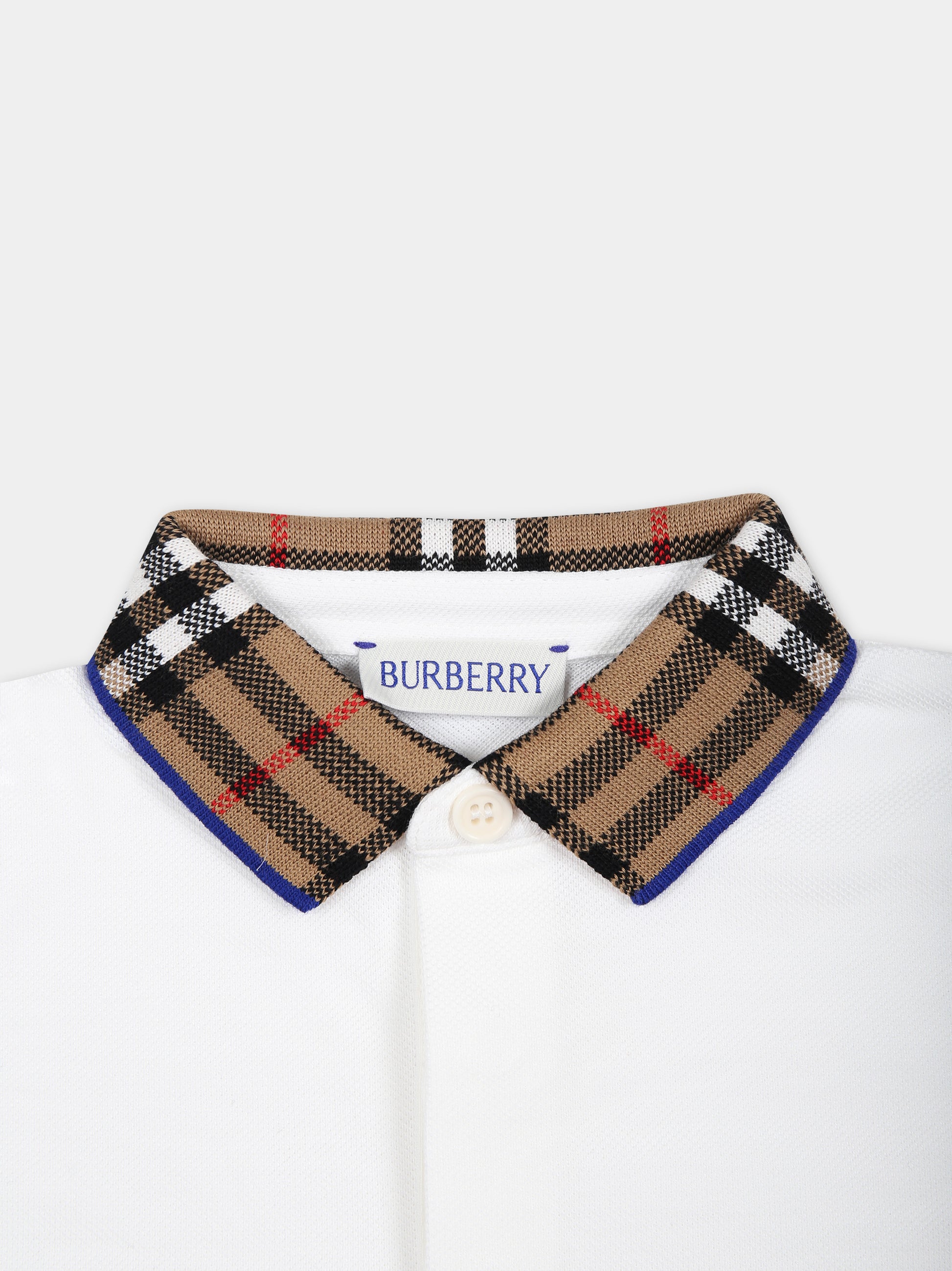 Polo bianca per neonato con check vintage sul colletto,Burberry Kids,8078569 A1464