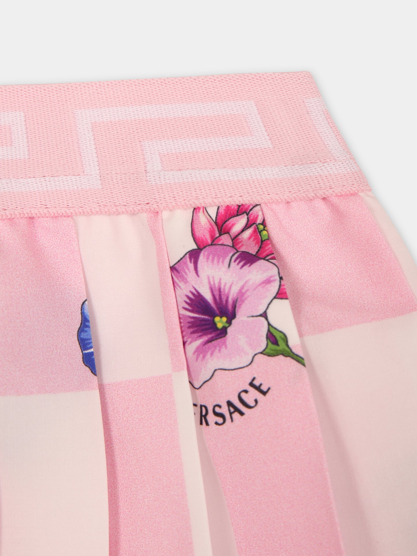 Gonna rosa per neonata con stampa fiori,Versace,1003524 1A09181 5X420