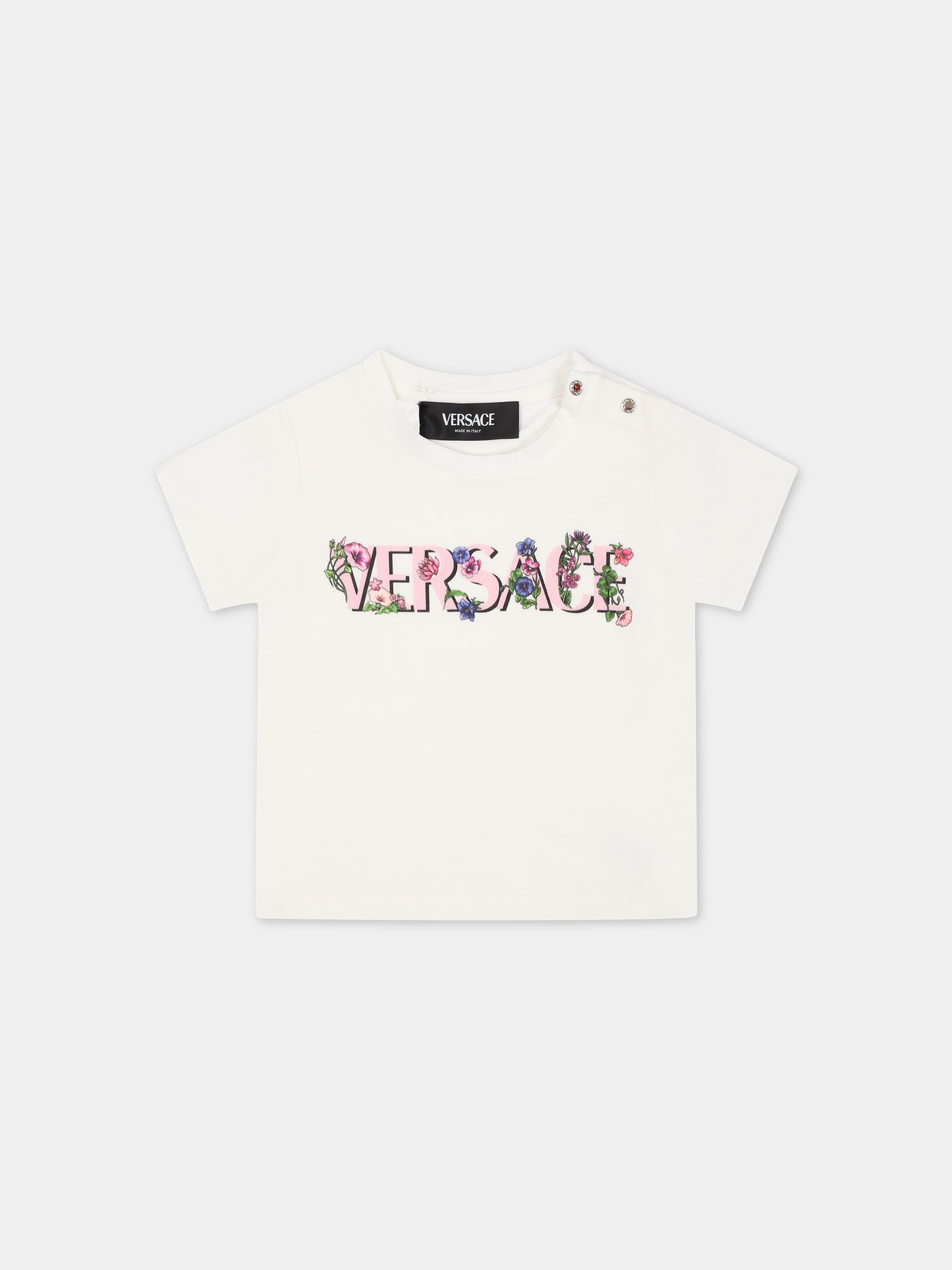 T-shirt bianca per neonata con stampa logo,Versace,1000152 1A09975 2W070