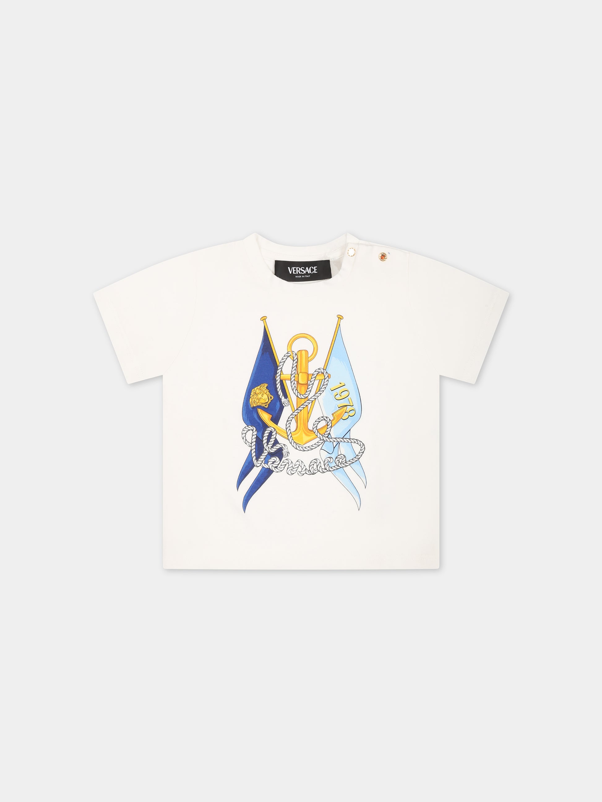 T-shirt bianca per neonato con stampa ancora,Versace,1000101 1A09770 2W070