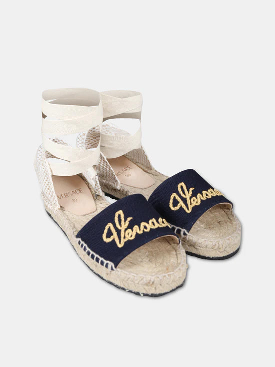 Sandali blu per bambina in corda con logo,Versace,1013132 1A10039 2KF5V