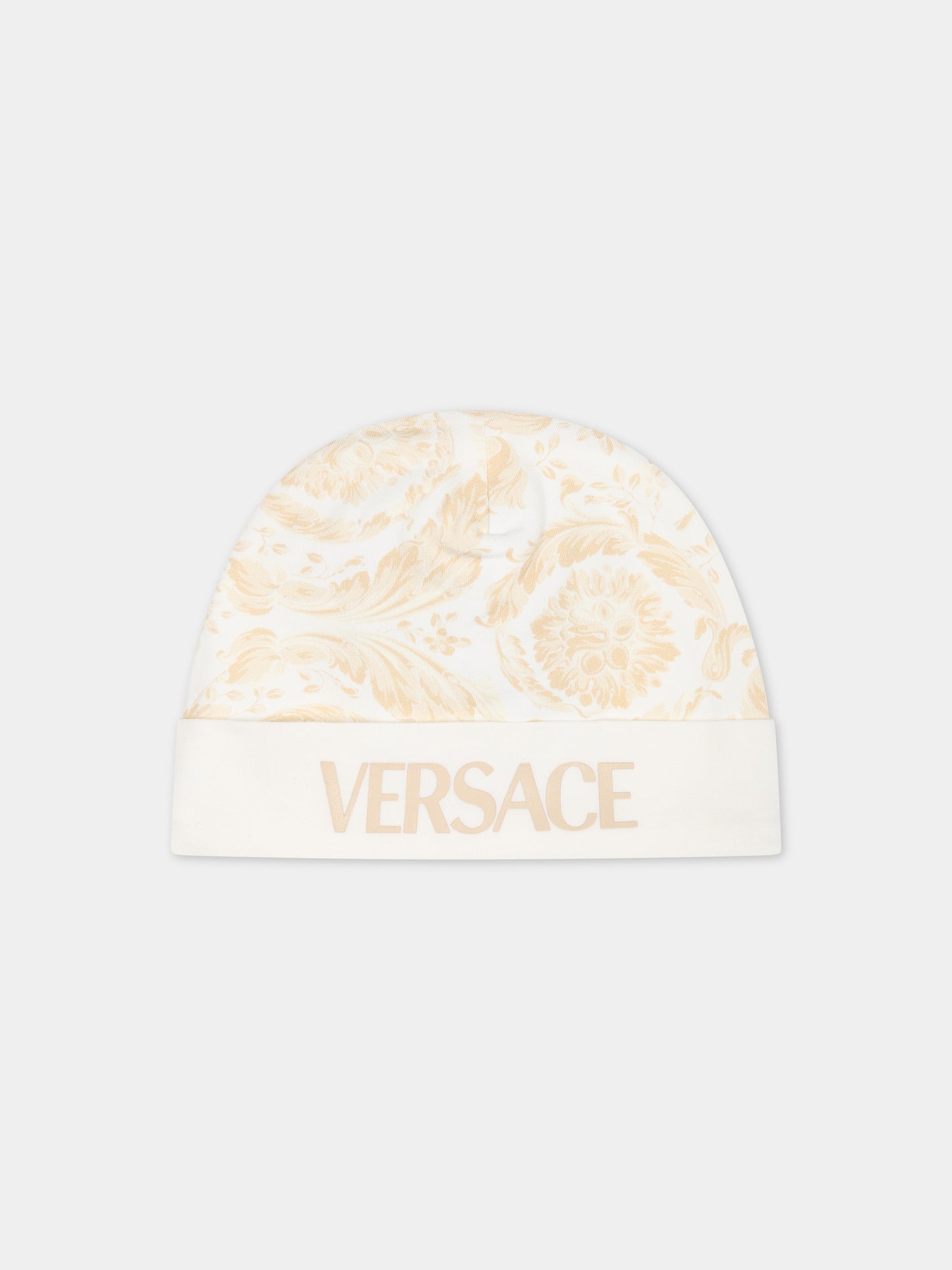 Cappello beige per neonato con stampa barocco,Versace,1000296 1A09525 2WJ70