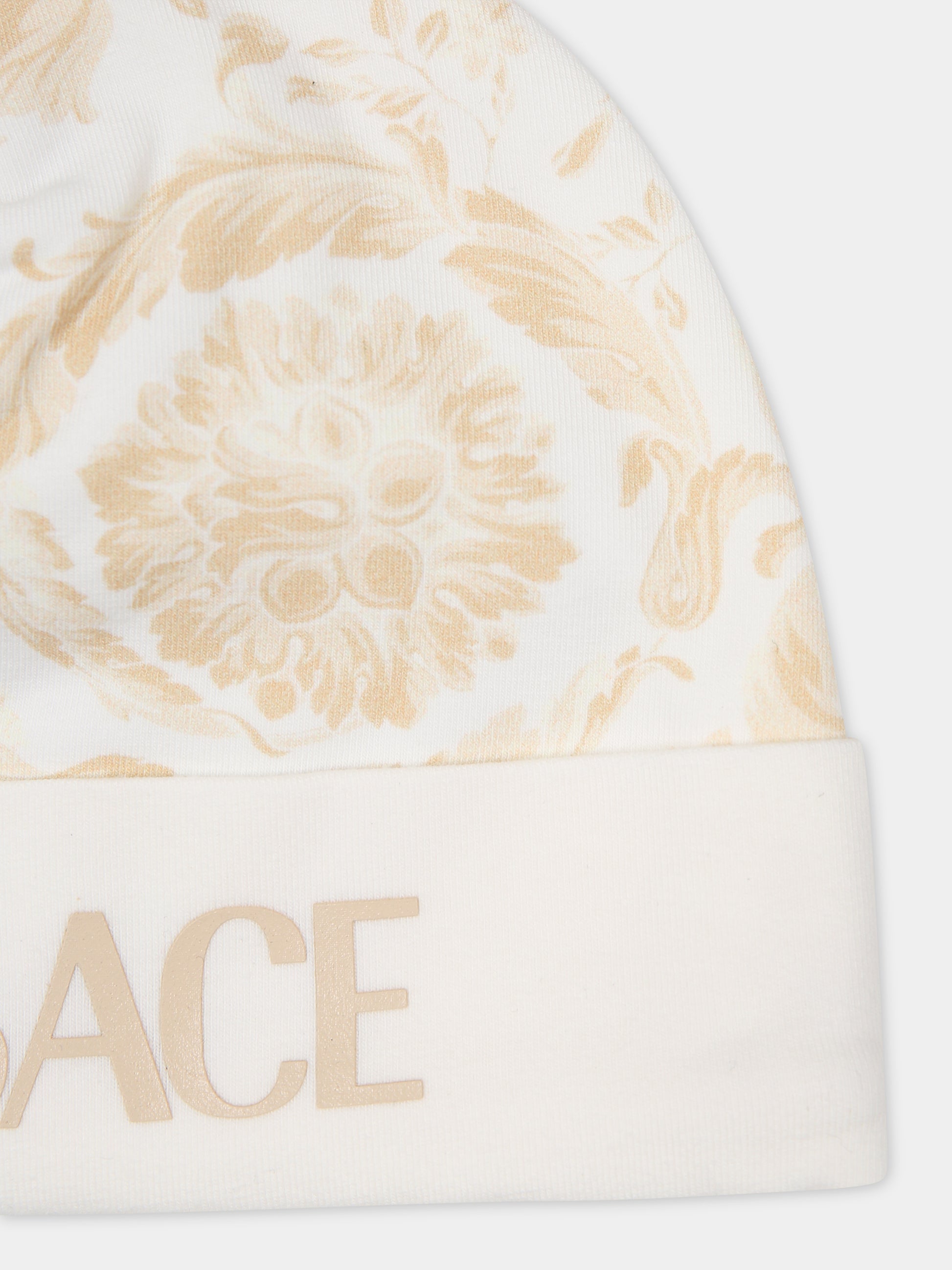 Cappello beige per neonato con stampa barocco,Versace,1000296 1A09525 2WJ70