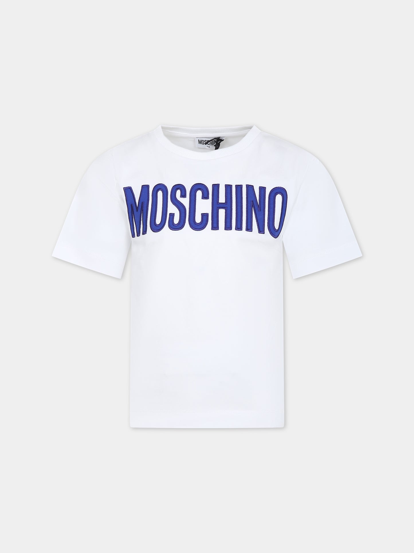 T-shirt bianca per bambini con logo blu,Moschino Kids,H2M02T LBA00 10101