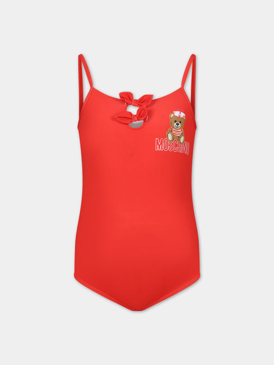Costume rosso per neonata con Teddy Bear e logo,Moschino Kids,HDL00N LKA00 50109