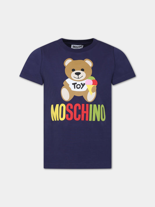 T-shirt blu per bambini con logo e Teddy Bear,Moschino Kids,HNM03T LBA08 40016