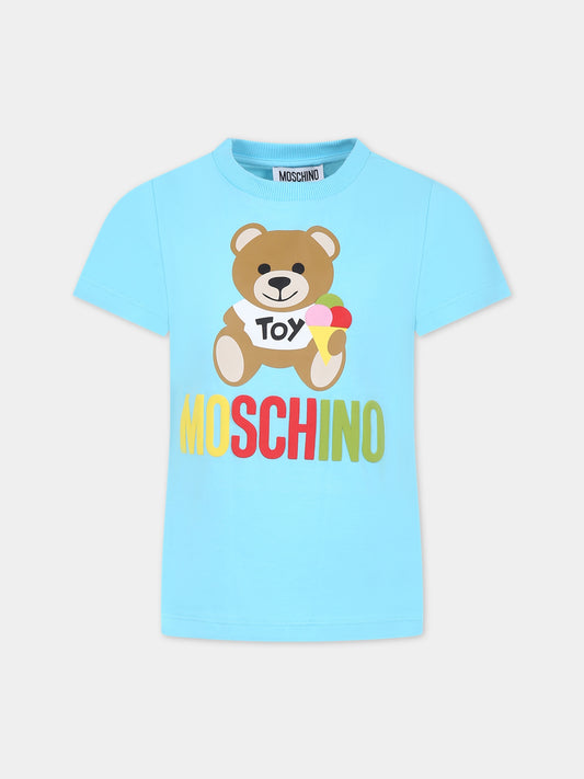 T-shirt celeste per bambini con logo e Teddy Bear,Moschino Kids,HNM03T LBA08 41020