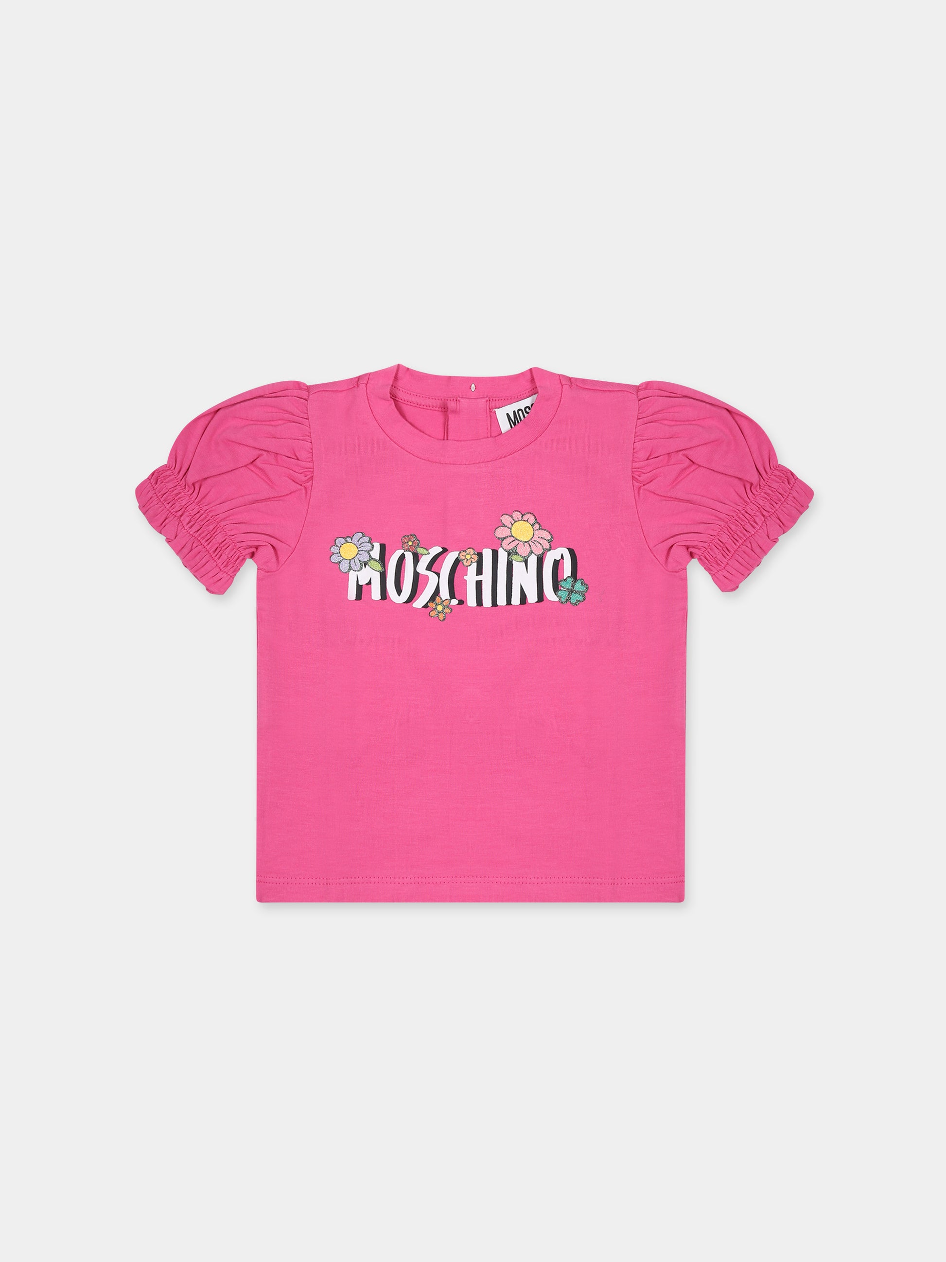 T-shirt fucsia per neonata con logo e fiori,Moschino Kids,MAM031 LBA08 50879