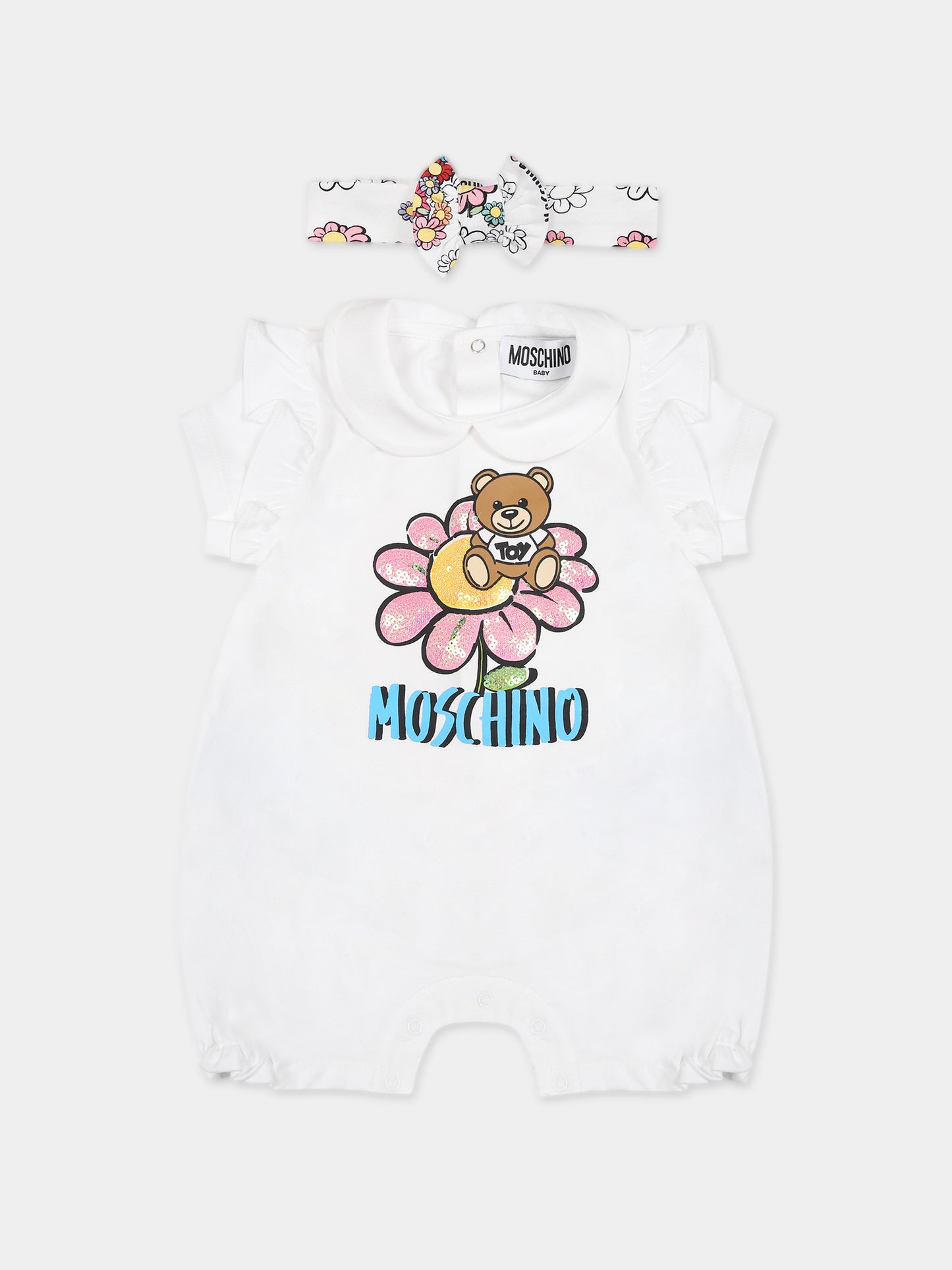 Set bianco per neonata con Teddy Bear e fiore,Moschino Kids,MDY00Y LBA08 10101