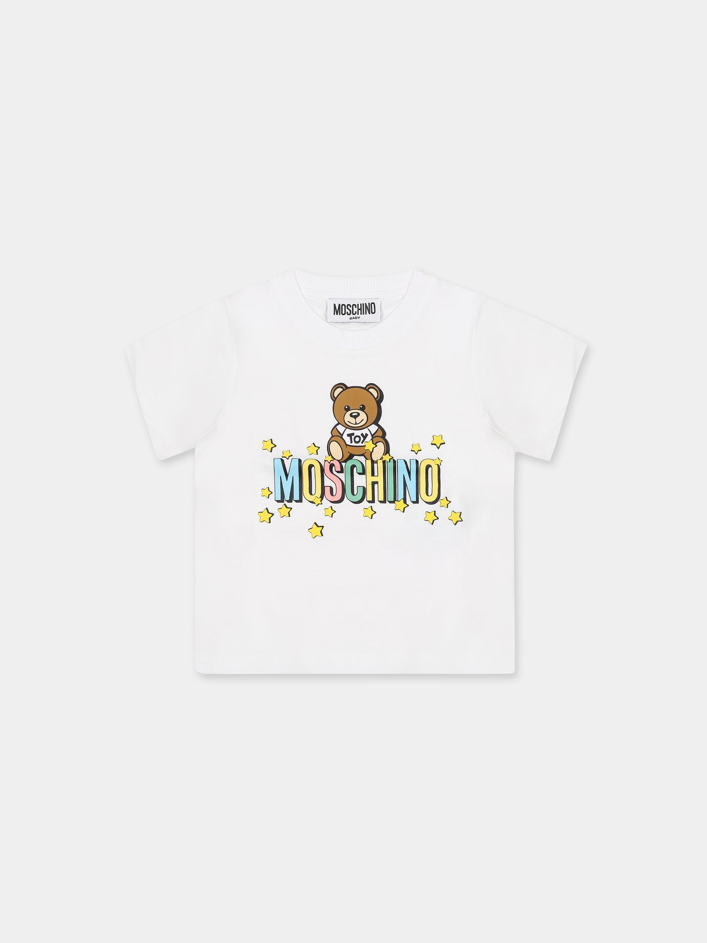 T-shirt bianca per neonati con Teddy bear e logo,Moschino Kids,MMM032 LAA27 10101