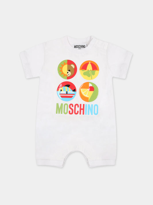 Pagliaccetto bianco per neonati con logo e stampa,Moschino Kids,MUT035 LAA24 10101