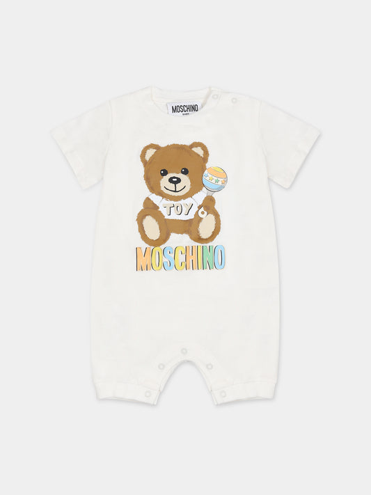 Pagliaccetto bianco per neonato con Teddy bear e logo,Moschino Kids,MUT037 LAA03 10063
