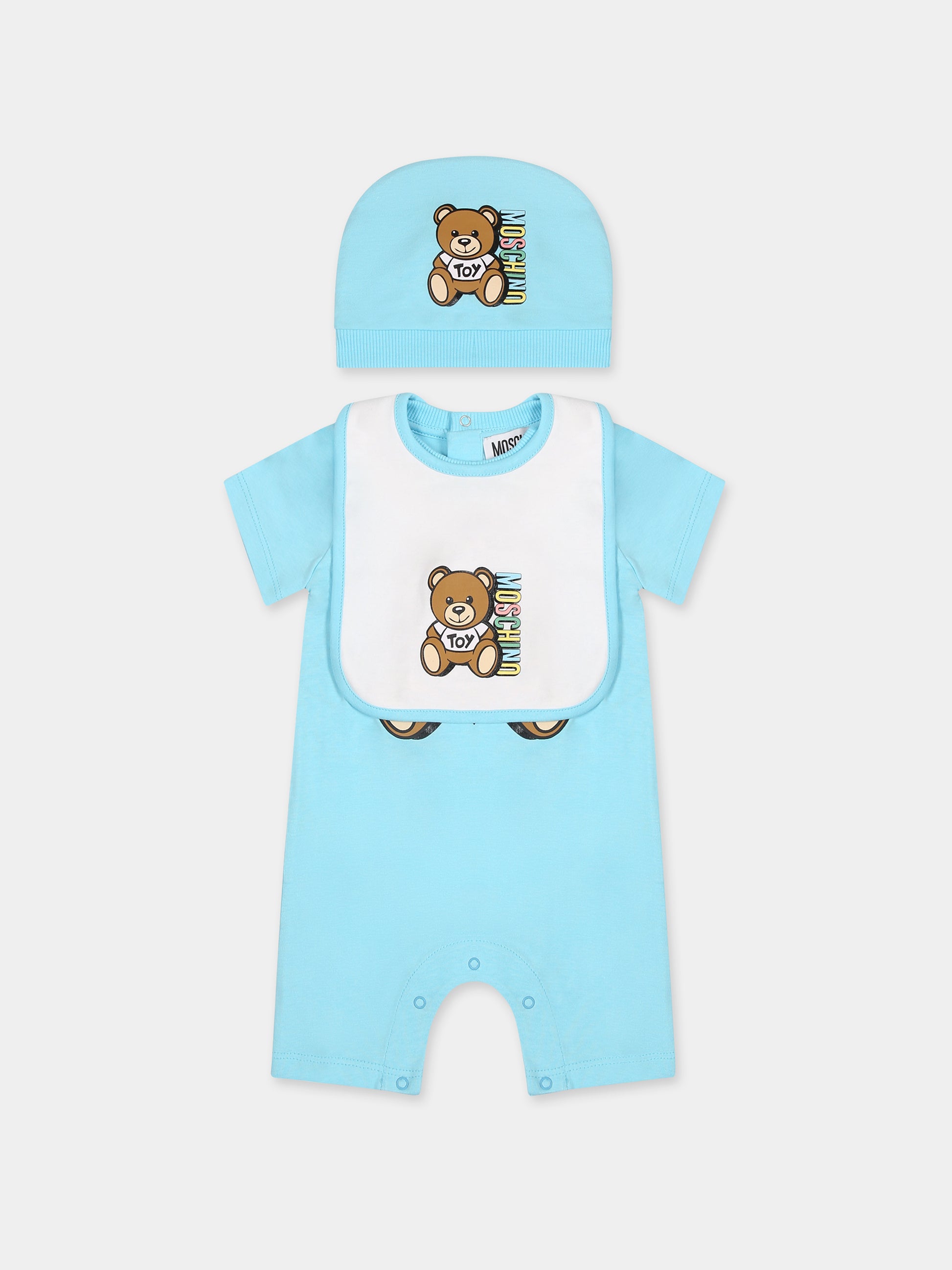 Set celeste per neonato con Teddy Bear e  logo,Moschino Kids,MUY04S LAA27 41020