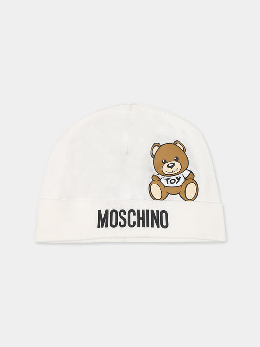 Cappello bianco per neonati con Teddy bear e logo,Moschino Kids,MVX031 LAA03 10063
