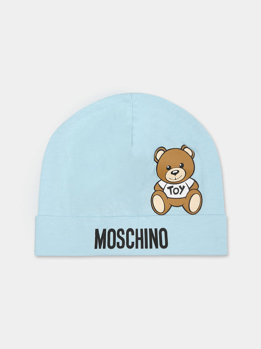 Cappello celeste per neonato con Teddy bear e logo,Moschino Kids,MVX031 LAA03 40304