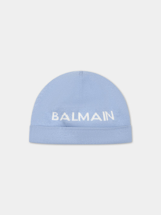 Cappello celeste per neonati con logo,Balmain Kids,BS0P47 X0006 608