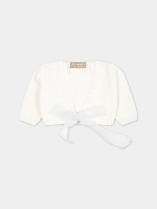 Cardigan bianco per neonata con fiocco celeste,La Stupenderia,SCSC52102 CELESTE