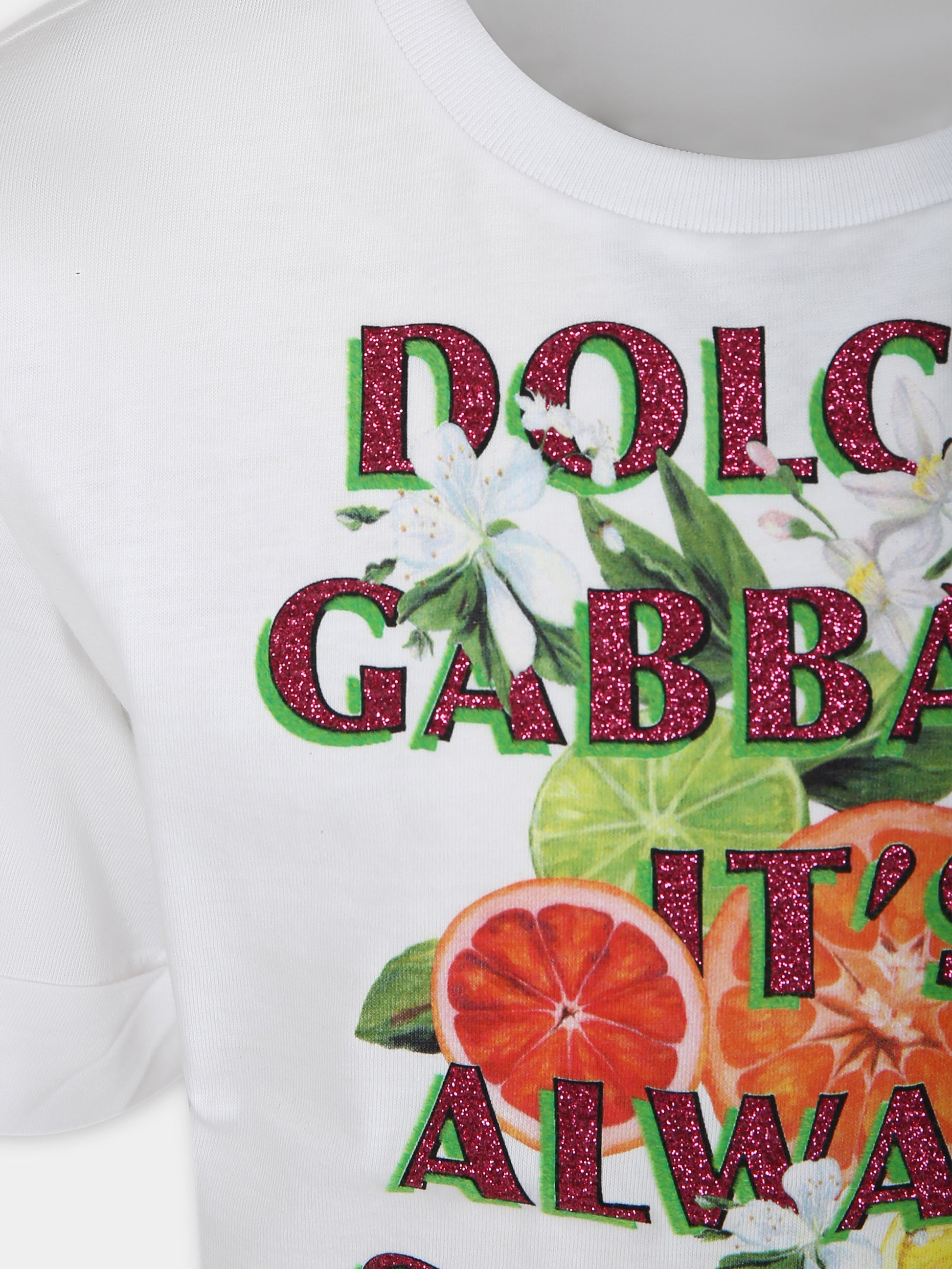 T-shirt bianca per bambina con stampa multicolor,Dolce & Gabbana Kids,L5JTMV G7L7Y W0800
