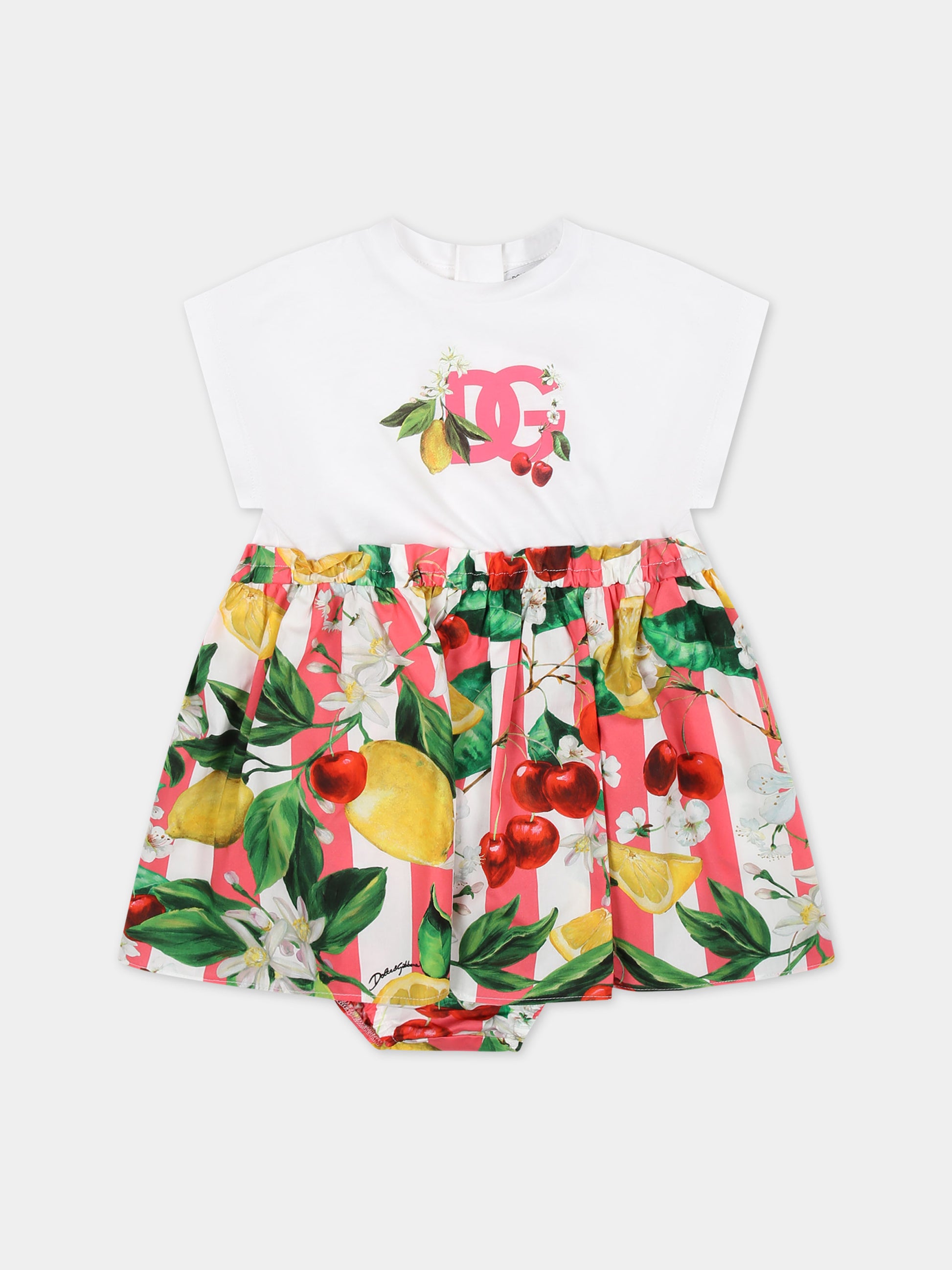 Vestito bianco per neonata con frutti e fiori multicolor all-over,Dolce & Gabbana Kids,L2JD5K G7L9B S9000