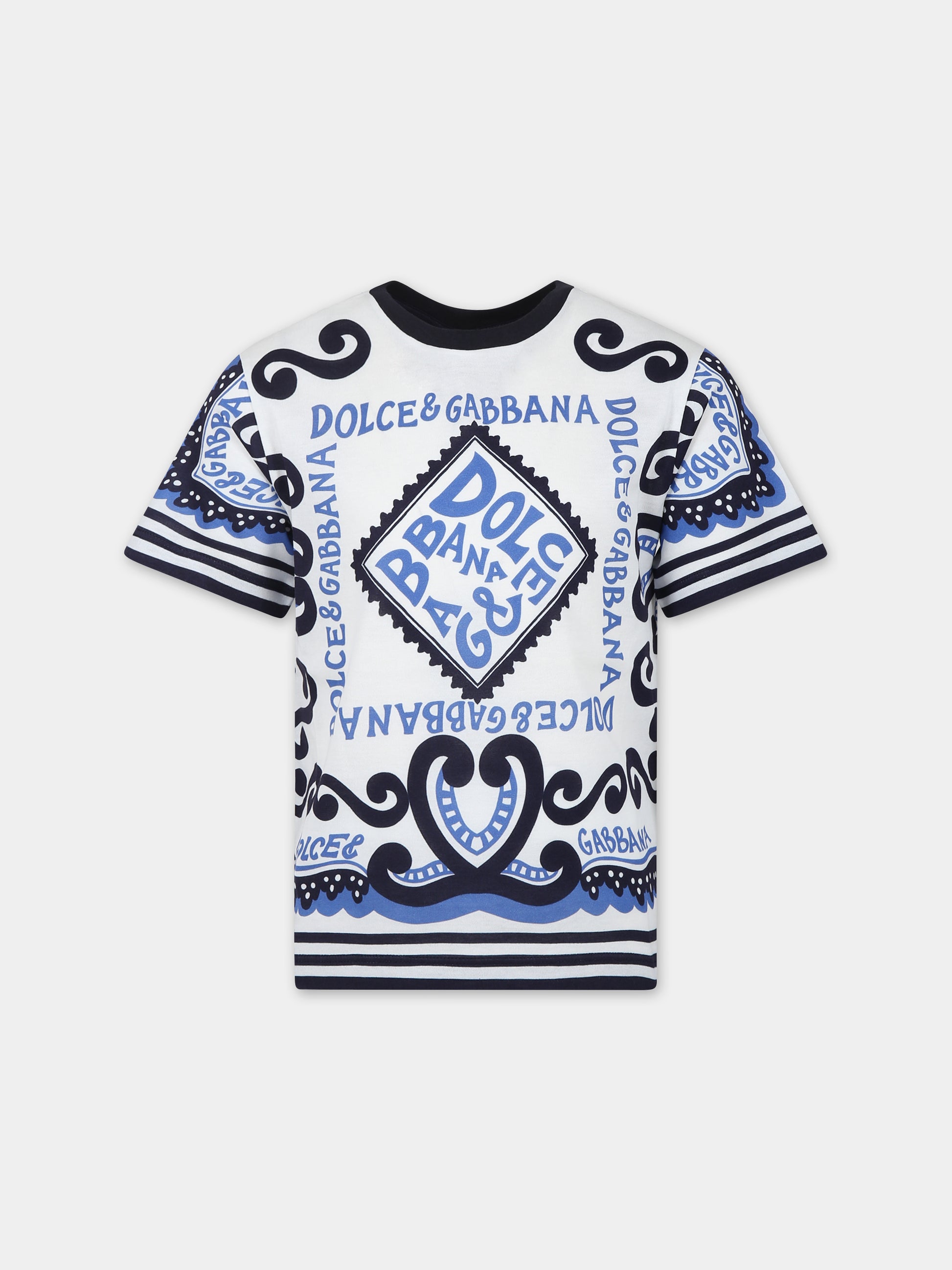 T-shirt bianca per bambino con stampa bandana e logo,Dolce & Gabbana Kids,L4JTBL G7L0B HC4XR