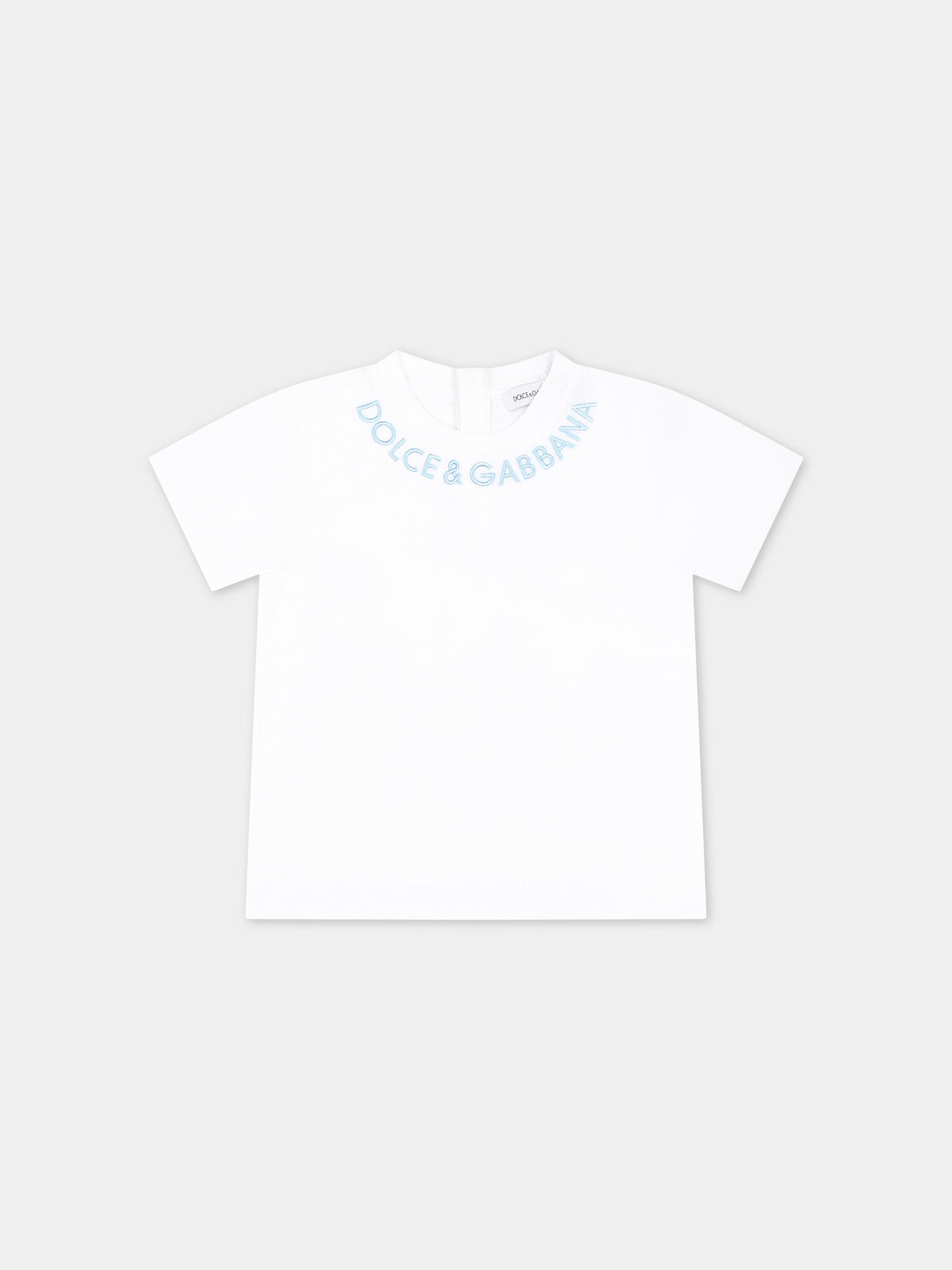 T-shirt bianca per neonati con logo celeste ricamato,Dolce & Gabbana Kids,L1JTHO G7L5J S9000