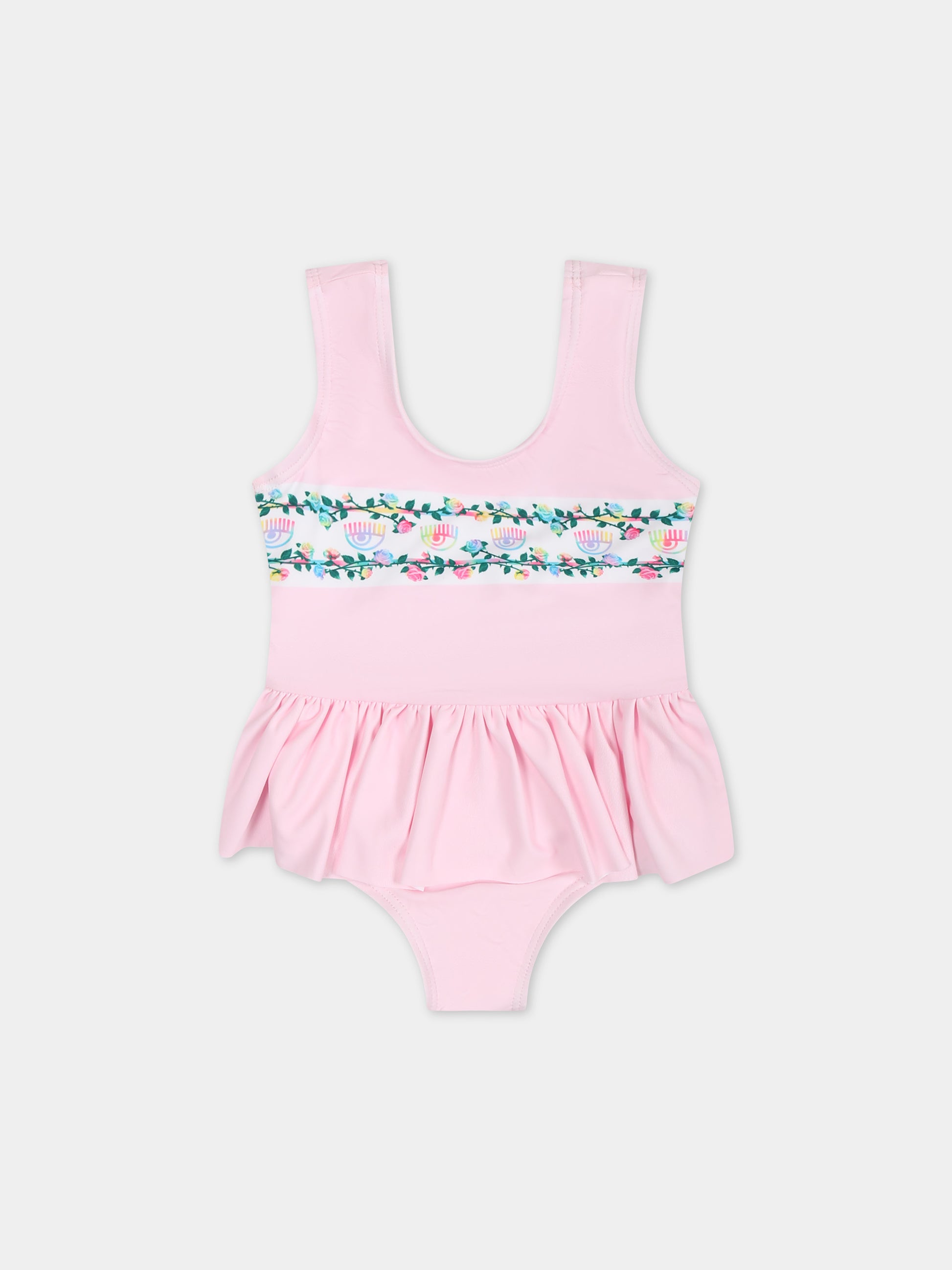 Costume rosa per neonata con volants e fiori,Chiara Ferragni Collection,53C010 3090 090F