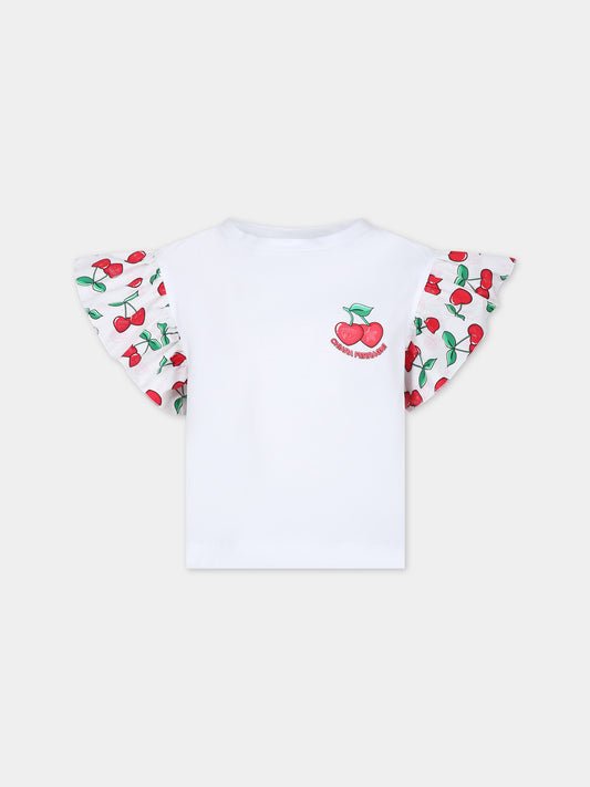 T-shirt bianca per bambina con ciliegia e logo,Chiara Ferragni Collection,51C608 3206 0099