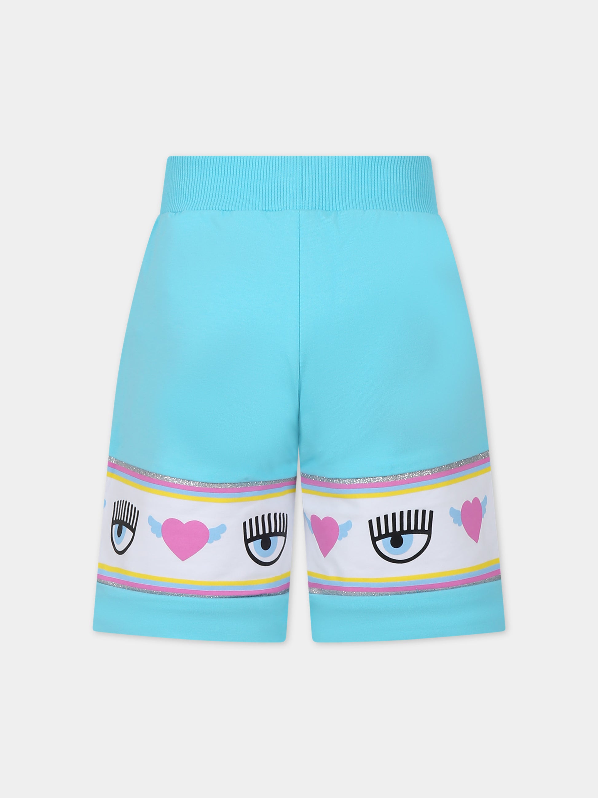 Shorts azzurri per bambina con eyes flirting e cuori,Chiara Ferragni Collection,59C412 3020 057F