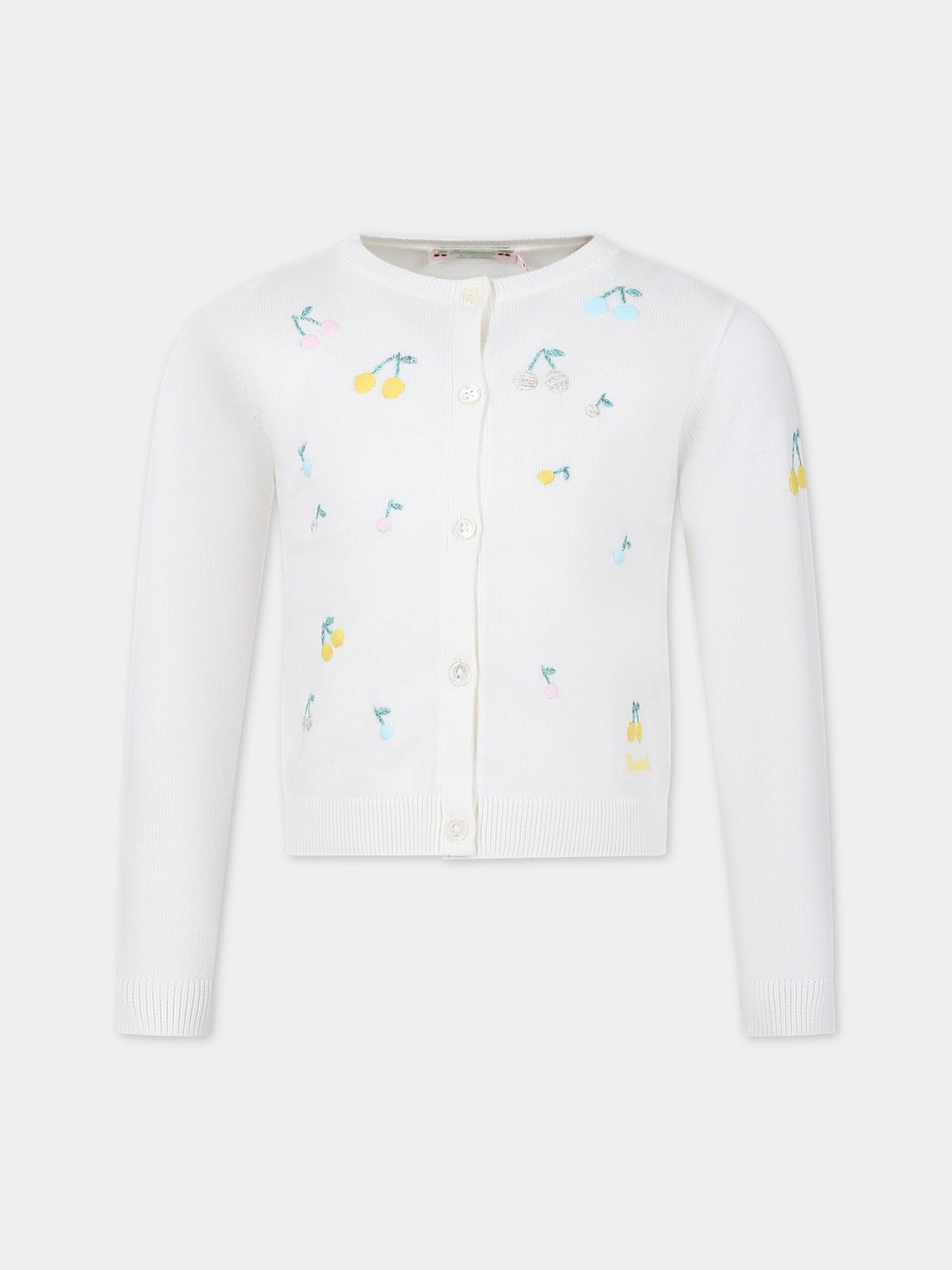 Cardigan bianco per bambina con ciliegie multicolor ricamate all-over,Bonpoint,S04GCAK00006 102