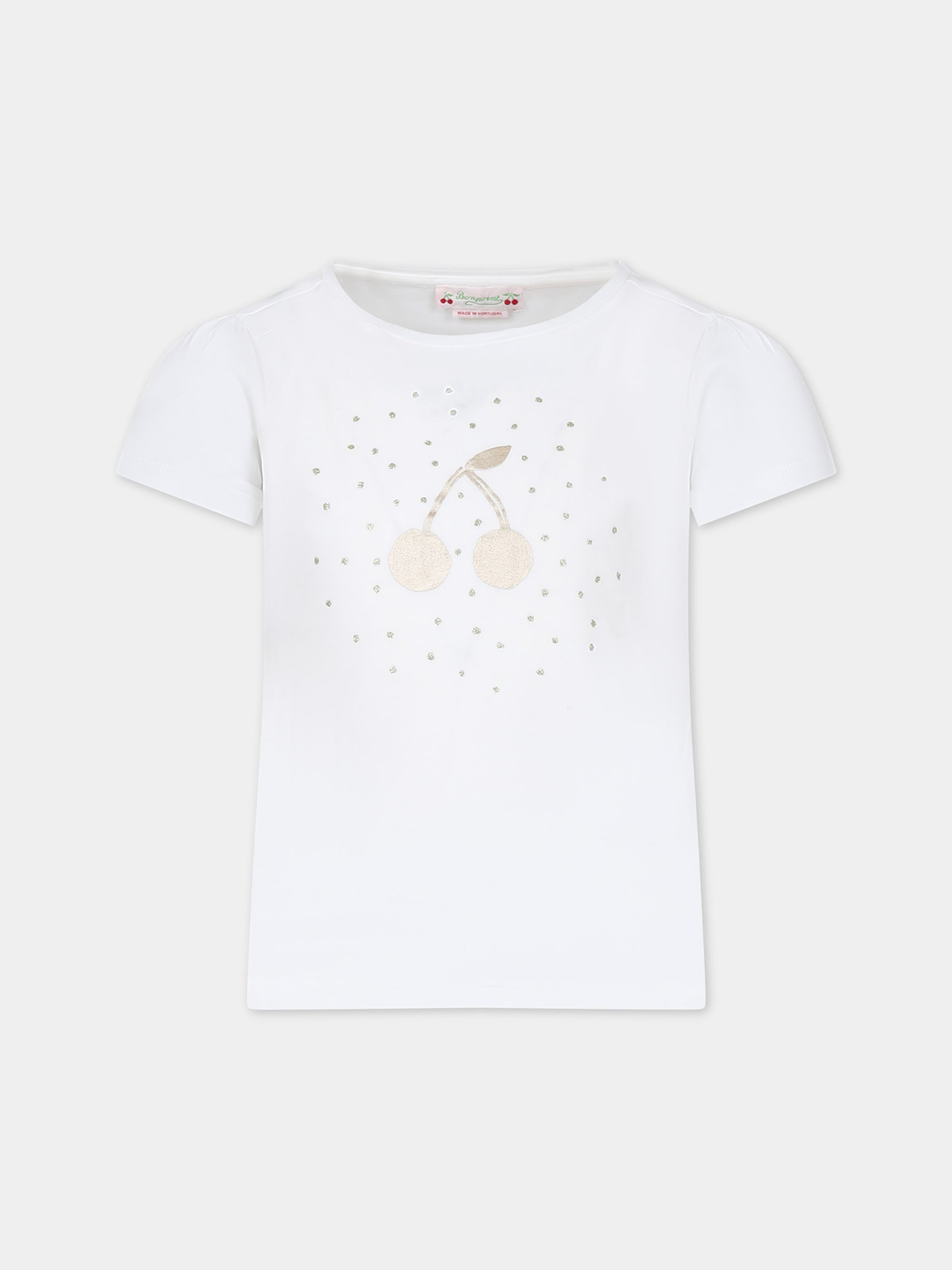 T-shirt bianca per bambina con ciliegia iconica,Bonpoint,S04GTSK00018 102