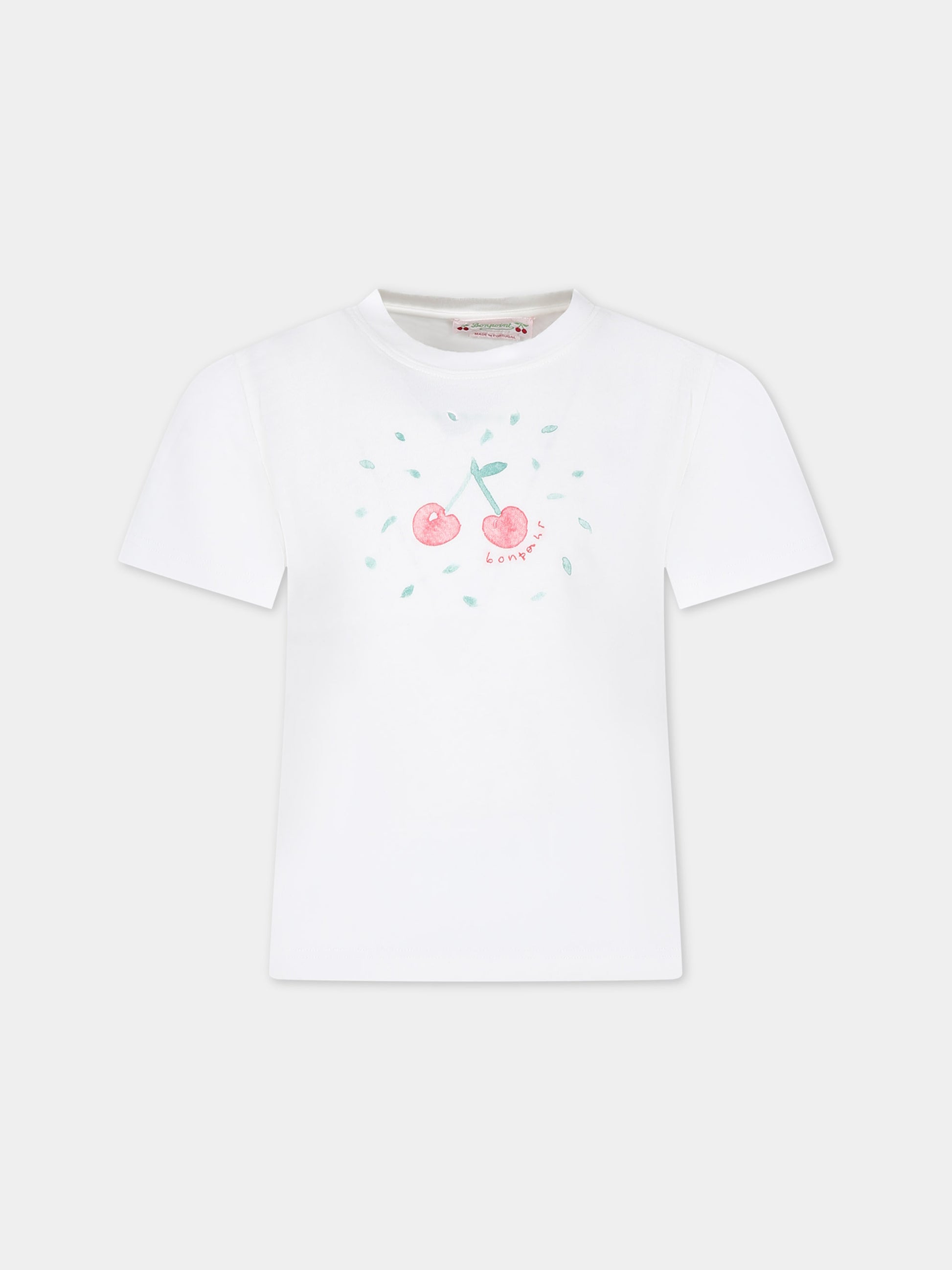 T-shirt bianca per bambina con ciliegie iconiche,Bonpoint,S04GTSK00023 102