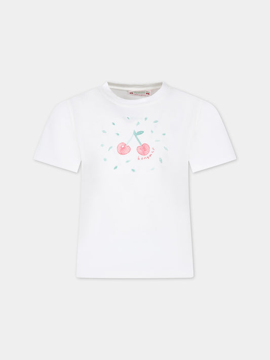T-shirt bianca per bambina con ciliegie iconiche,Bonpoint,S04GTSK00023 102