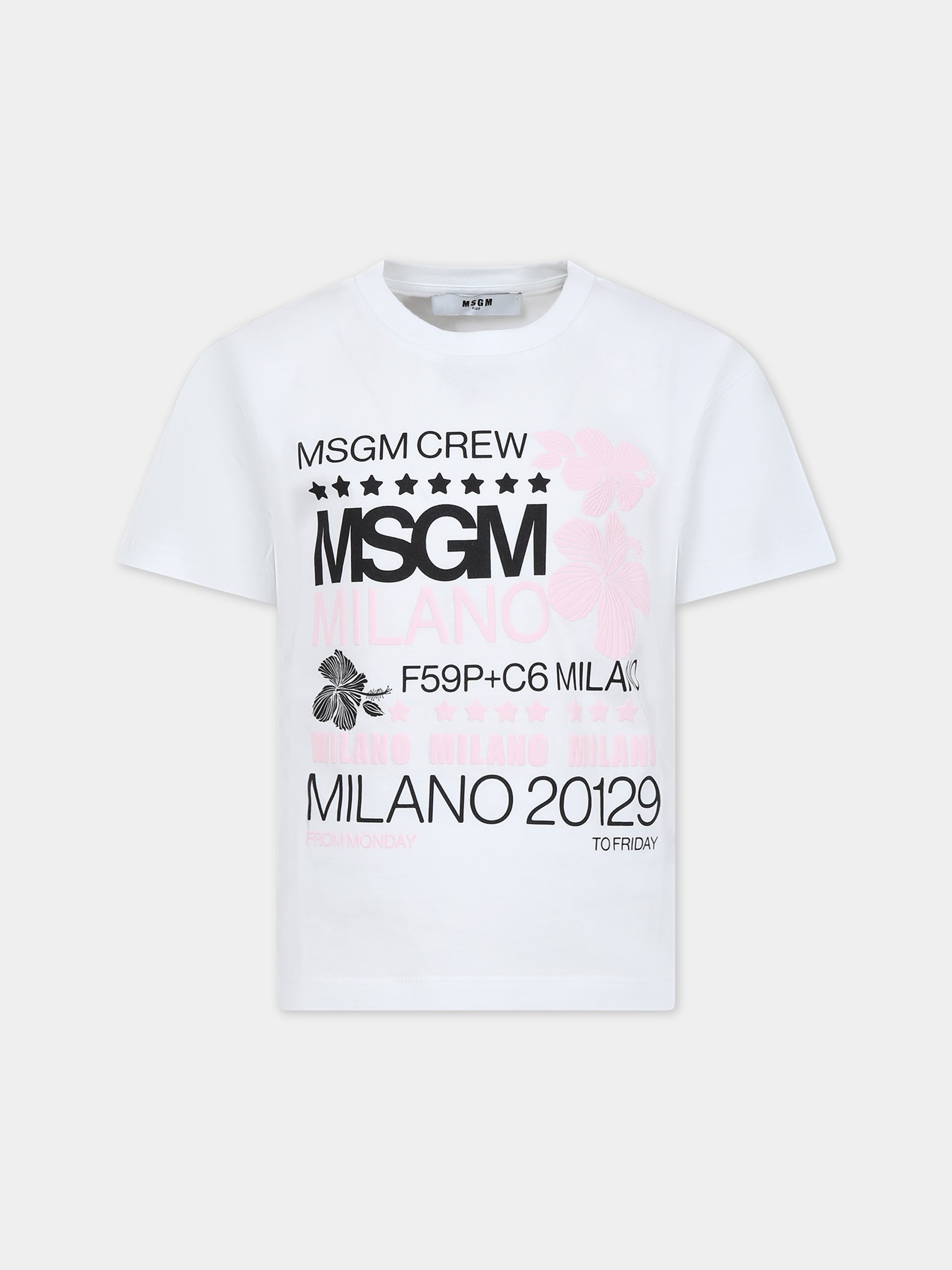 T-shirt bianca per bambina con logo e fiori,Msgm Kids,S4MSJGTH093 001