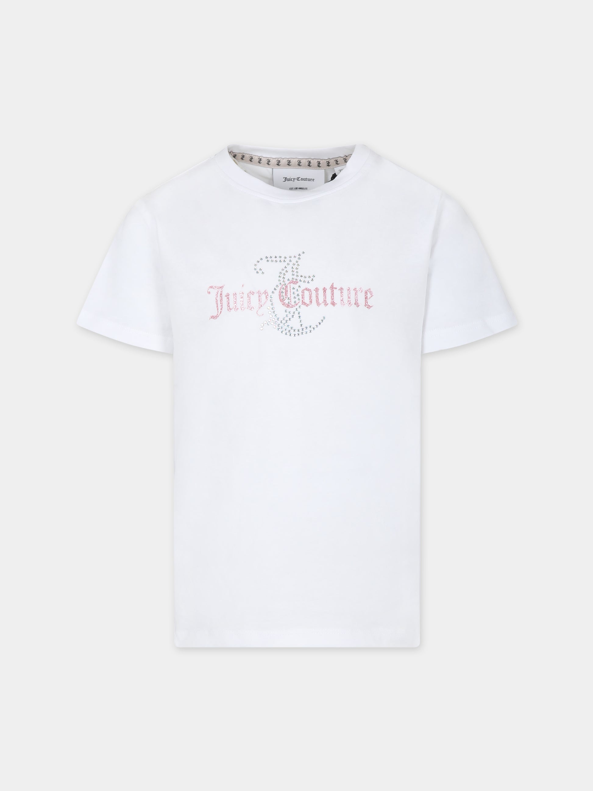 T-shirt bianca per bambina con logo e strass,Juicy Couture,24SMJCJBX6362 002