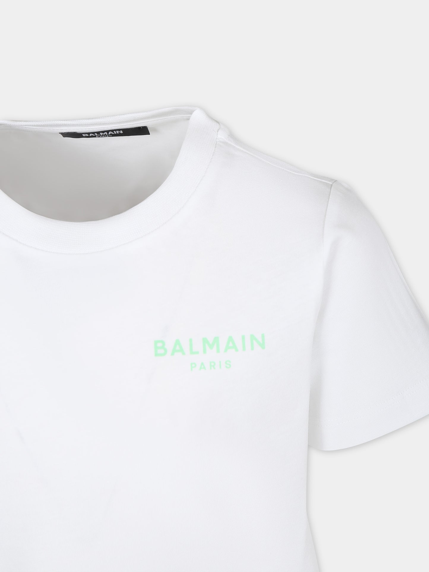 T-shirt bianca per bambini con logo verde,Balmain Kids,BU8R91 Z1751 100VE