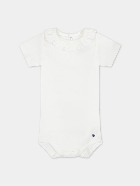 Body bianco per neonata con rouches,Petit Bateau,A0A0R 01 MARSHMALLOW