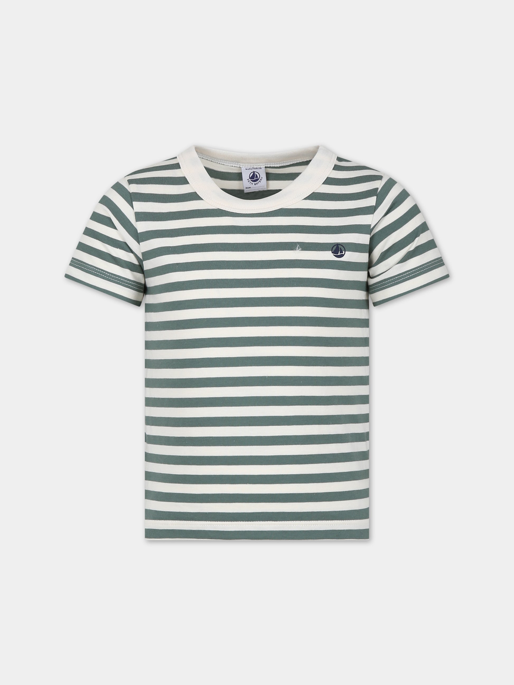 T-shirt verde per bambini con righe,Petit Bateau,A0A1D 02 CROCO/AVALANCHE