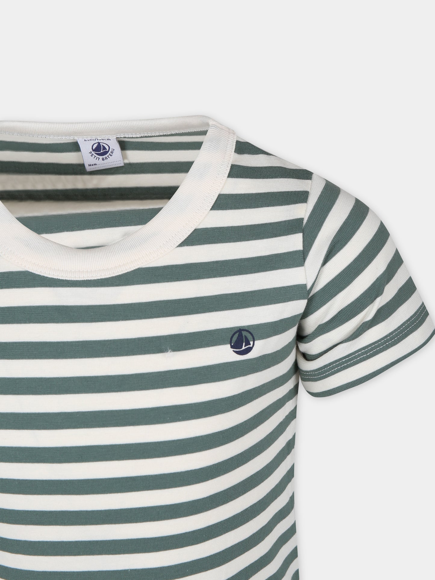 T-shirt verde per bambini con righe,Petit Bateau,A0A1D 02 CROCO/AVALANCHE